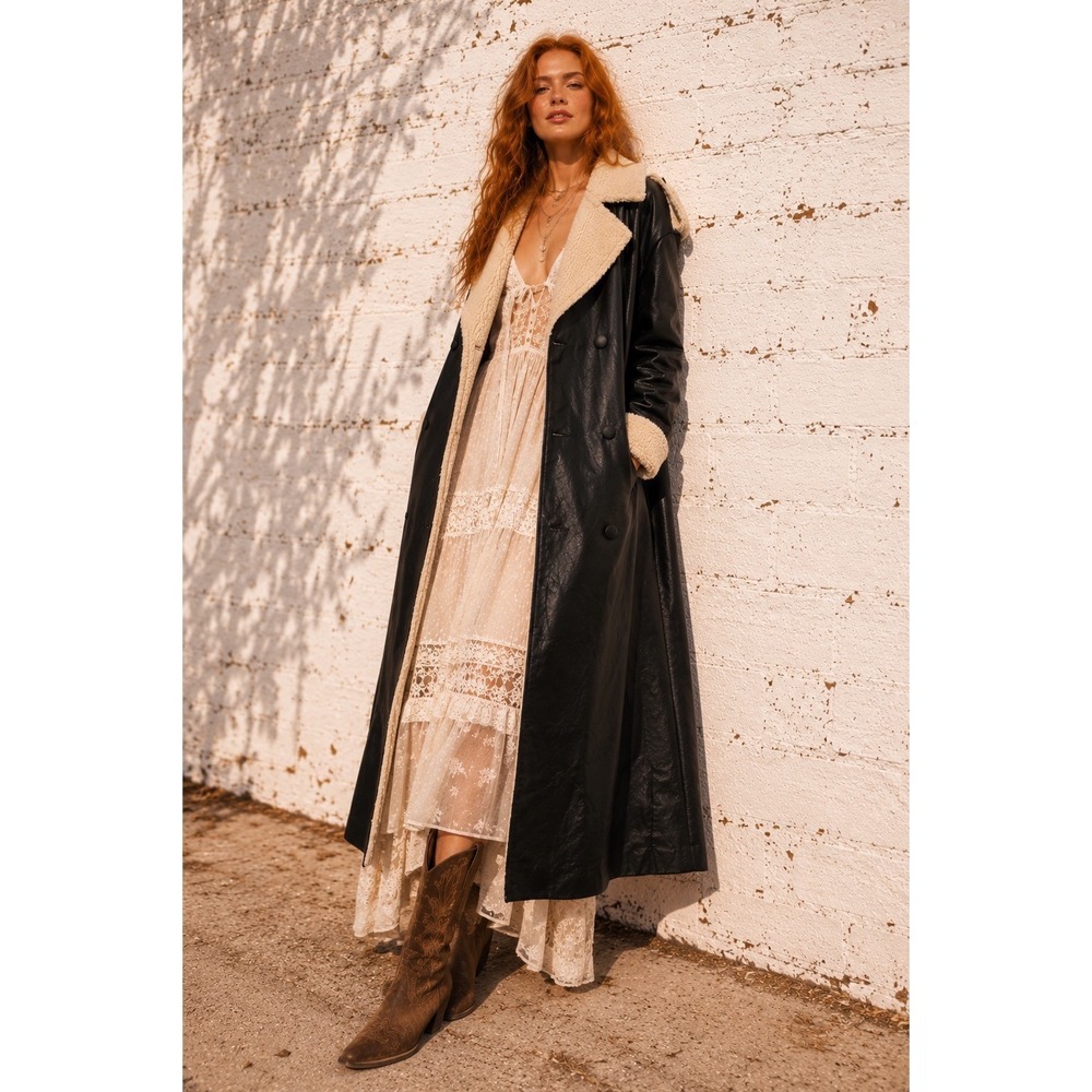 Finesse Faux Leather Shearling Lined Long Trench Coat Black Teddy Collar Size L